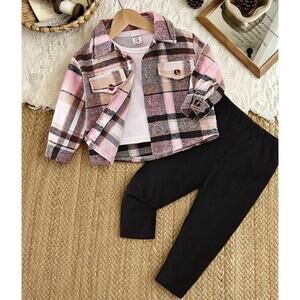Girl Front Button Pocket Plaid Flannel Shirt & Legging Black Pink Girls 2y-3Y